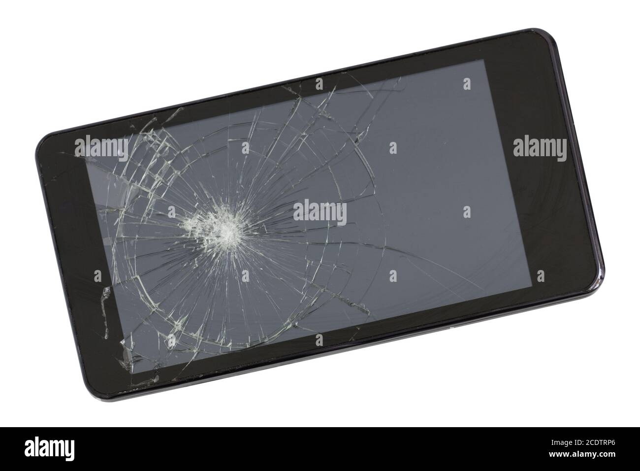 A broken screen of modern black  phone. This device was wiped from a pneumatic gun. Stock Photo
