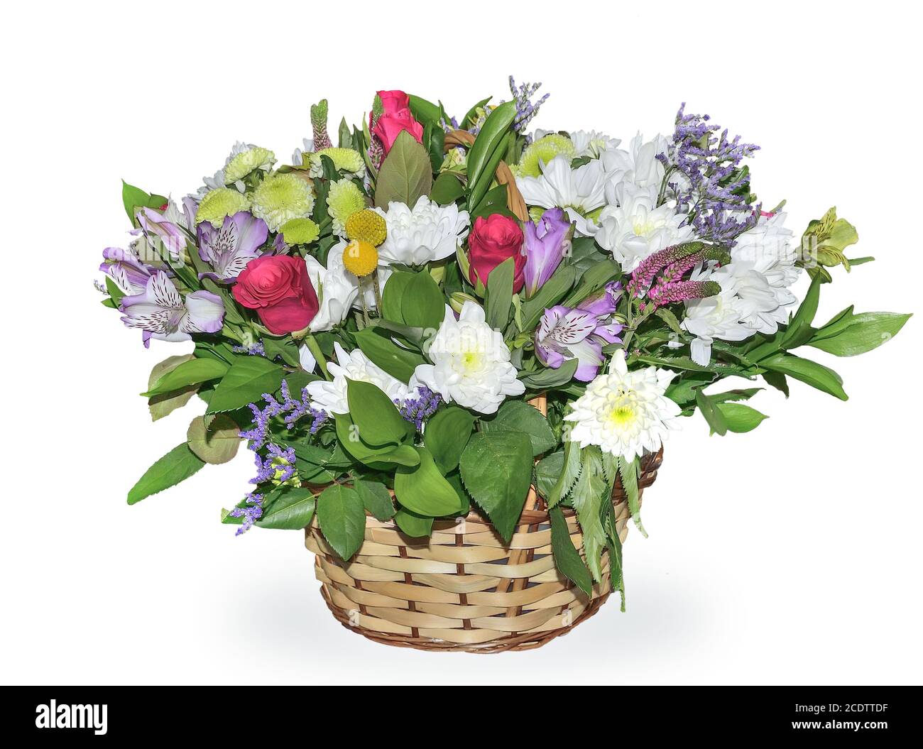 Festive bouquet of flowers in wicker basket isolated on white background Stock Photo