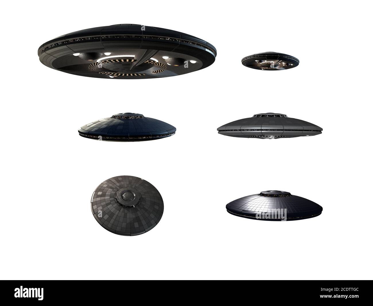 3D illustration of an UFO, unidentified flying object or flying saucer, in perspective adjusted instances, for science fiction artwork or interstellar Stock Photo