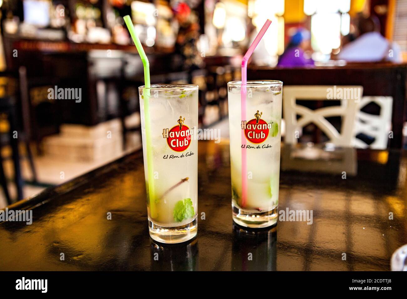 Mojito cocktail in a bar in Cuba / Havana in Havana Club Rum glasses Stock Photo