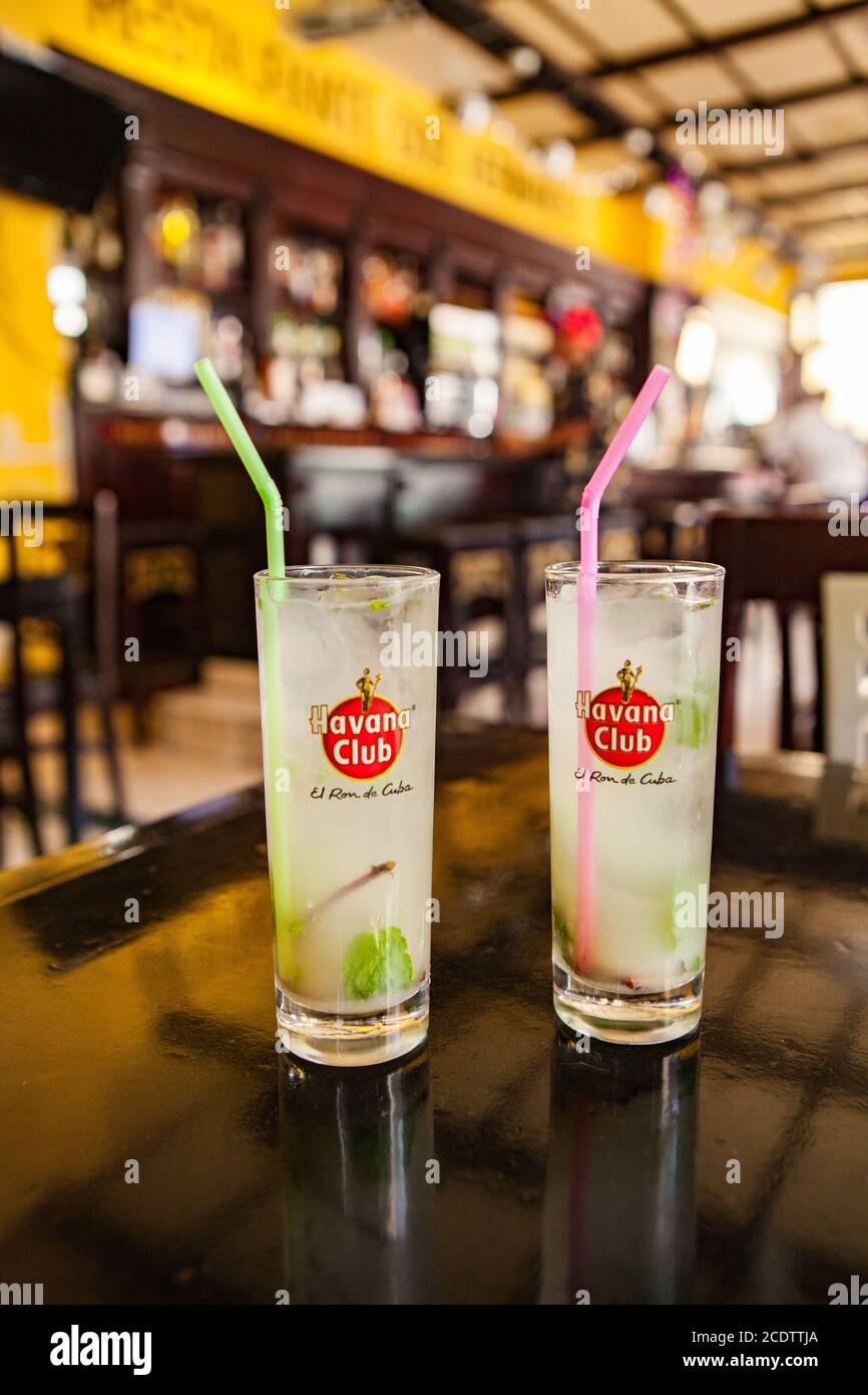 Mojito cocktail in a bar in Cuba / Havana in Havana Club Rum glasses Stock Photo