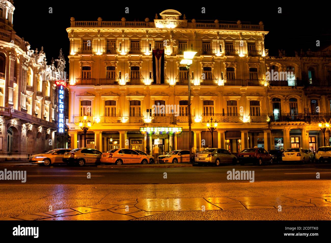 Night view of the Gran Teatro de La Habana (Great Theatre of Havana) and the famous hotel Inglaterra Stock Photo