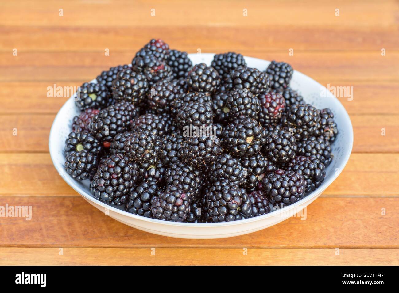 Scale filled with fresh blackberries on teak table Stock Photo