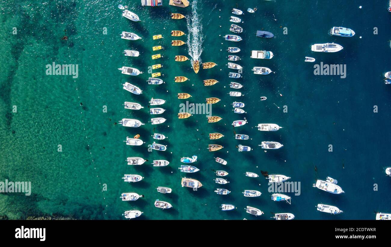 Aerial photo of fishing boat coming in to anchor Stock Photo - Alamy