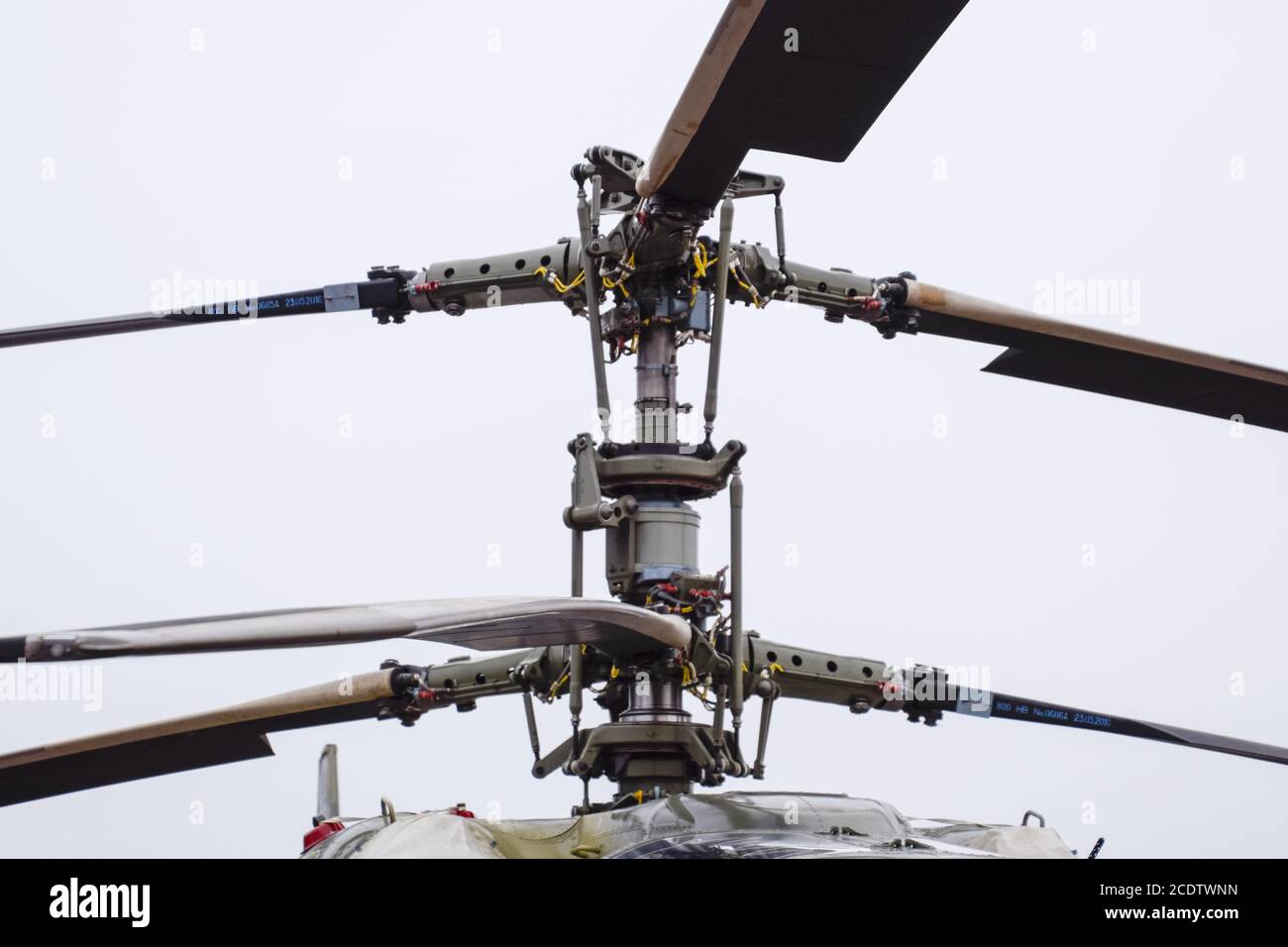 Screw and blades of a military helicopter. Transmission mechanism. Stock Photo