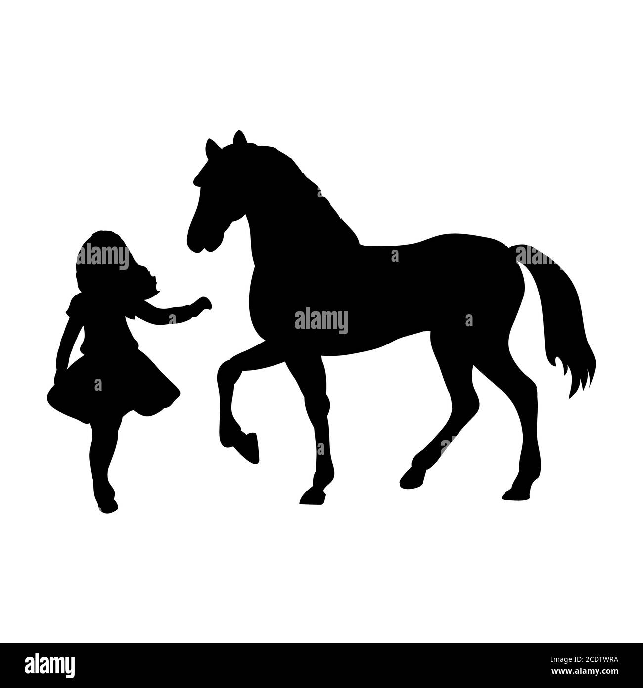 Silhouette girl wants touch horse Stock Photo