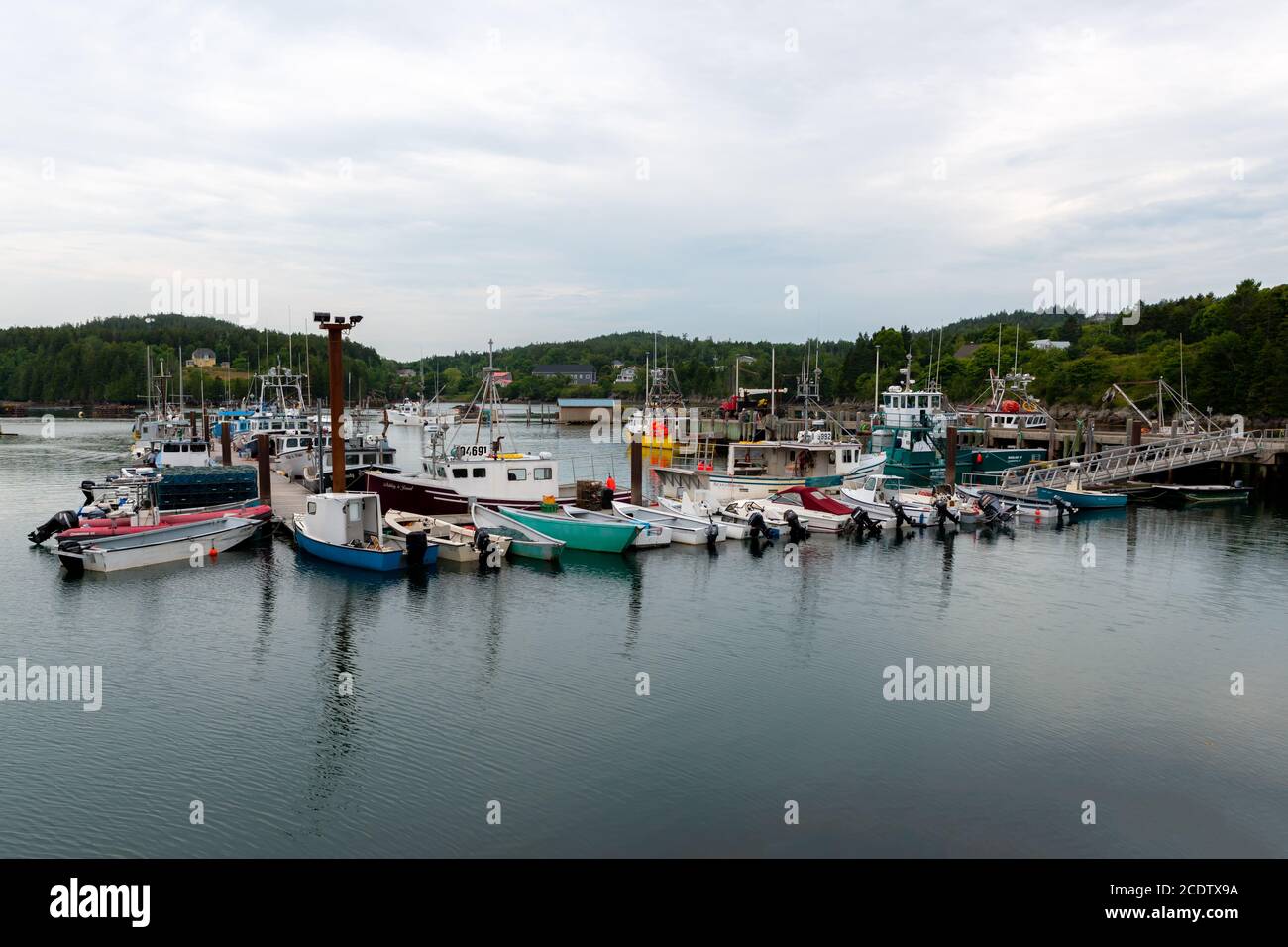 Deer Island, NB, Canada - July 19, 2020: A variety of small fishing boats docked in a harbor. Many dories also present. Overcast sky. Stock Photo