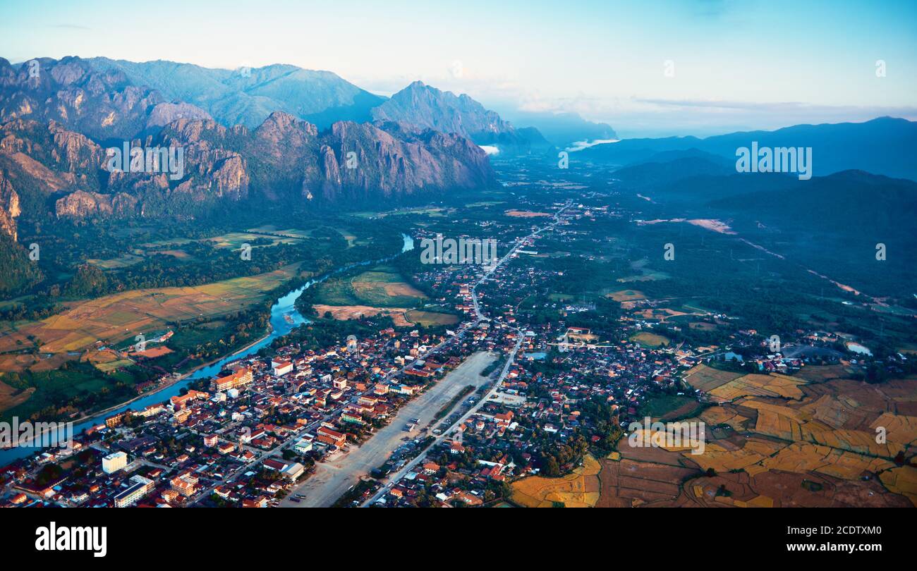 Aerial view of a small town in rocky mountain valley and river Stock ...