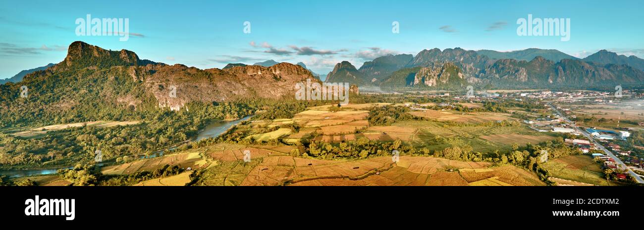 Aerial view of a small town in rocky mountain valley and river Stock ...