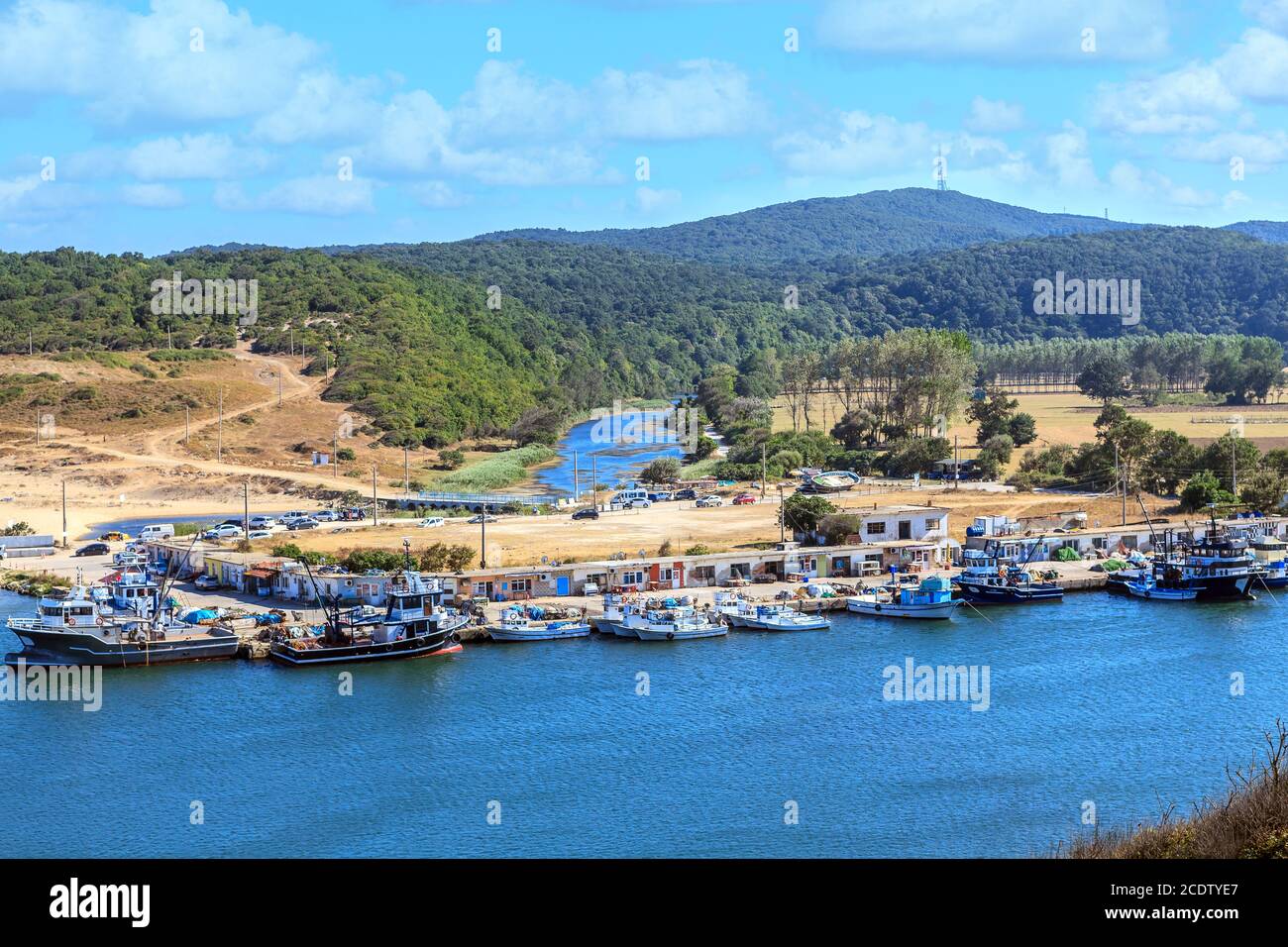 Fishing boats and harbor in beautiful village Kiyikoy, Kirklareli, Turkey. Stock Photo
