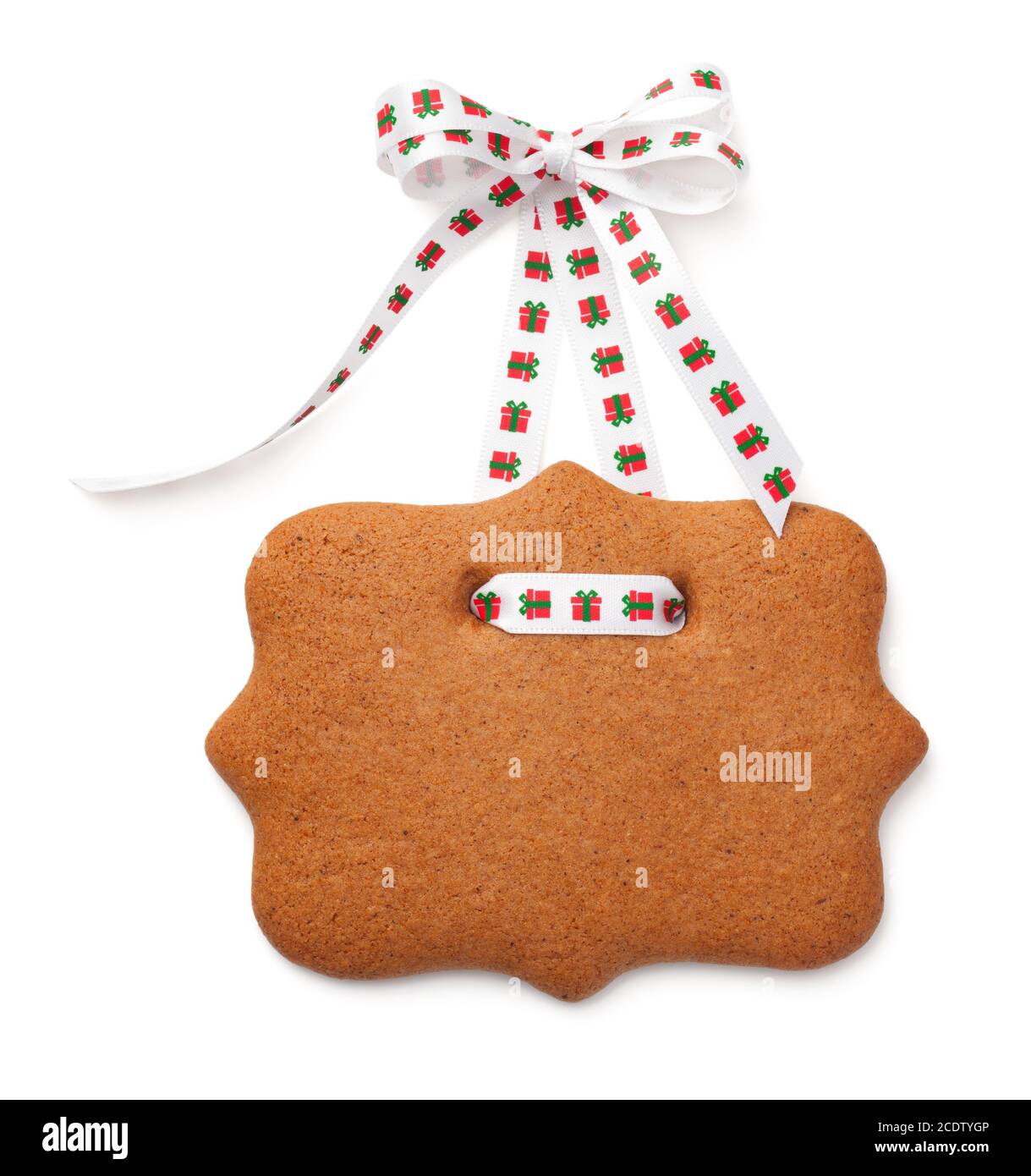 Gingerbread Label Cookie with Ribbon Bow Isolated on White Background Stock Photo