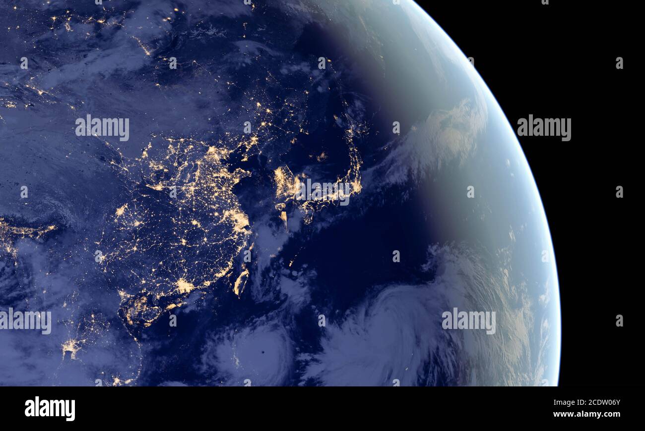 China and Japan lights during night as it looks like from space. Elements of this image are furnished by NASA Stock Photo