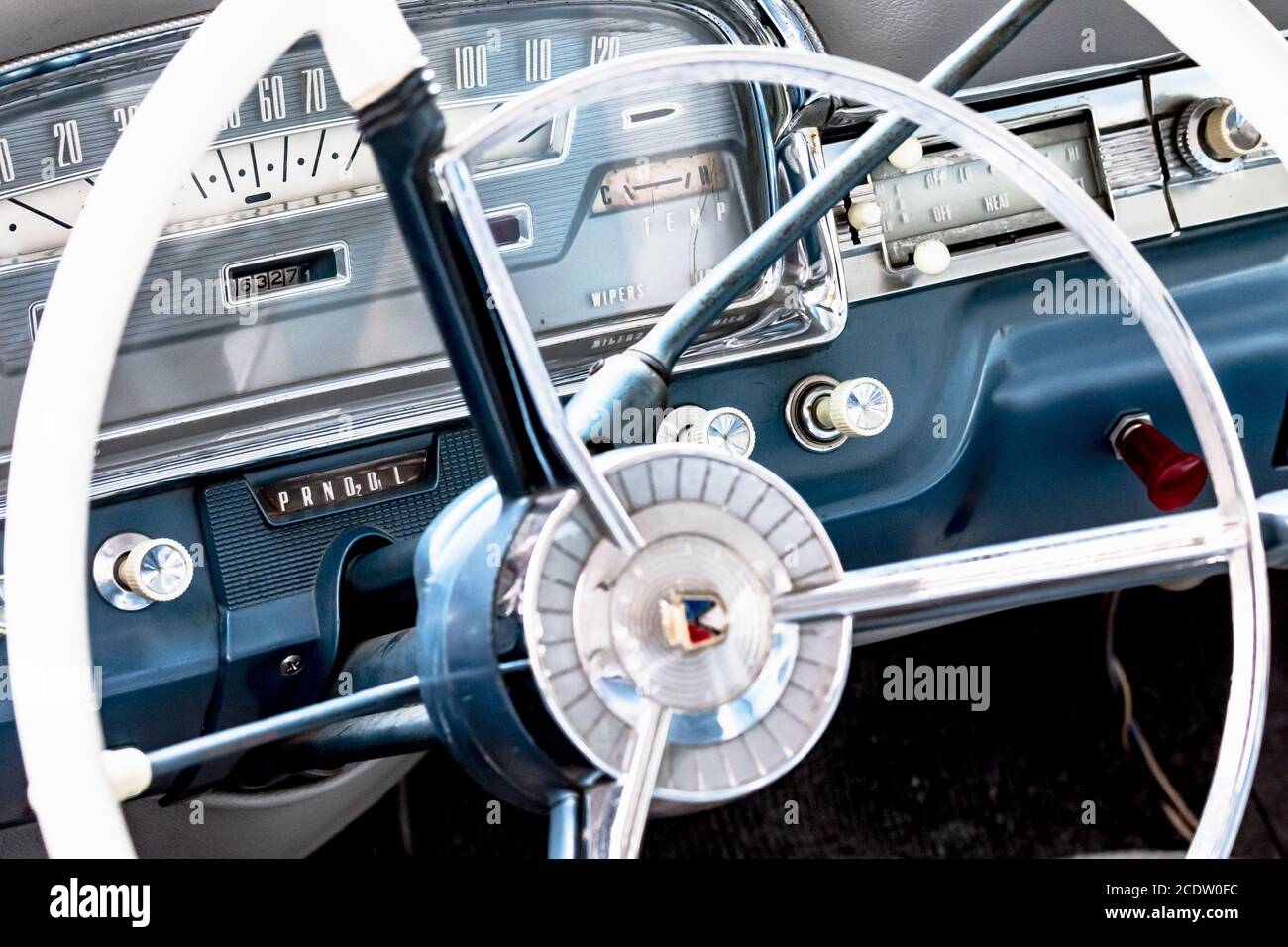 Ford Galaxie Skyliner - year 1959, 5768 cc, 300 hp, 185 km/h,close-up of the dashboard with steering Stock Photo