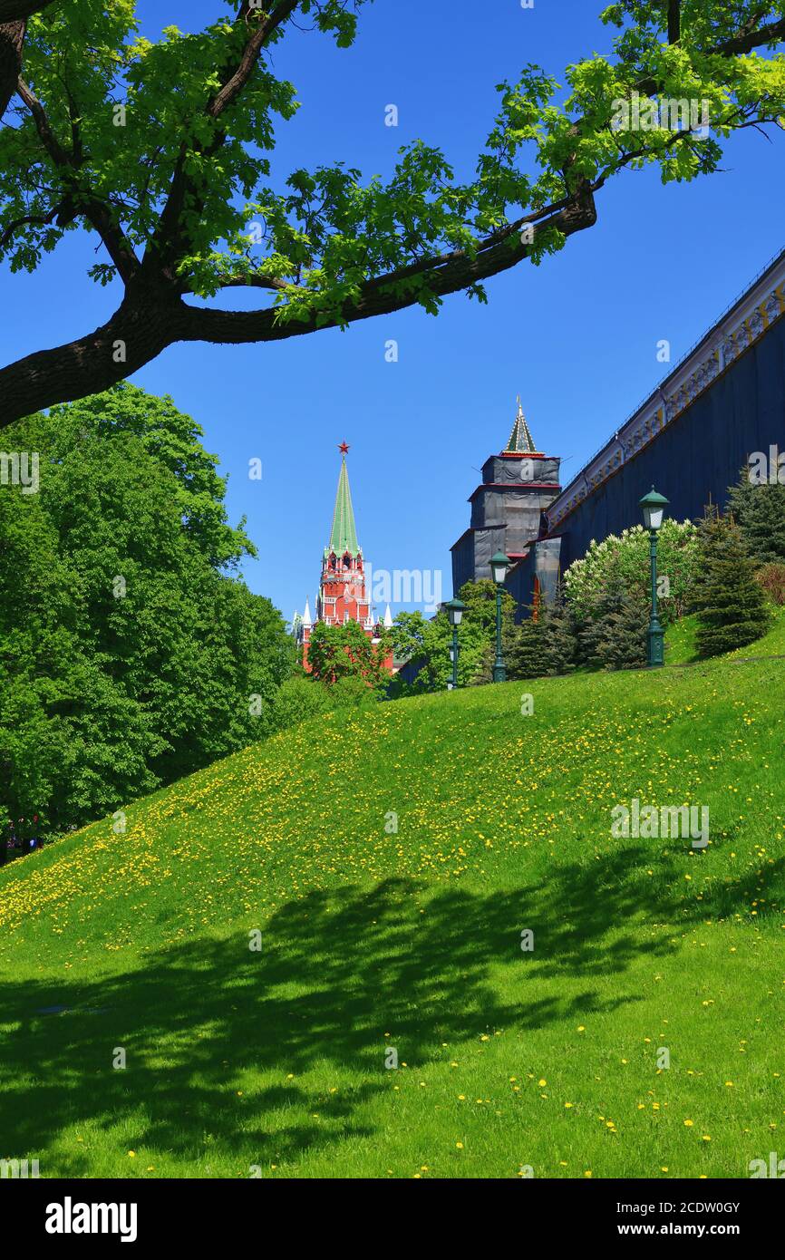 Moscow, Russia - view of Kremlin's Trinity Tower from Alexander Park Stock Photo