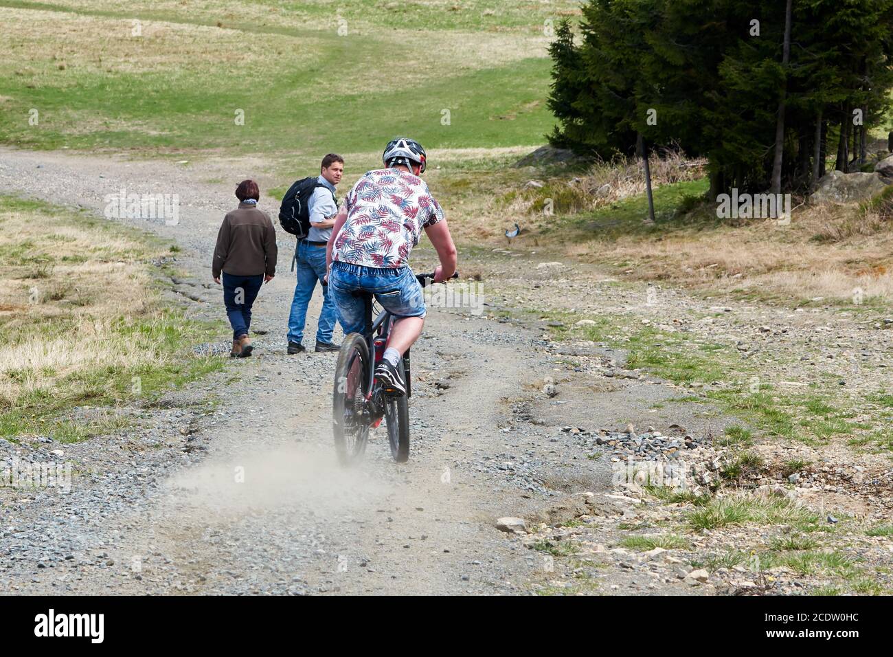 Conflict between a mountain biker and hikers on a hiking trail in the Harz National Park Stock Photo