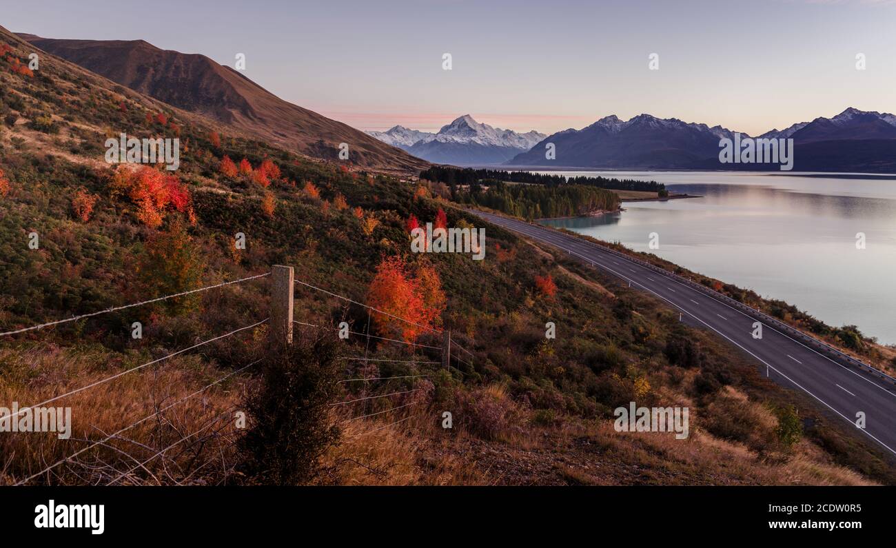 mount cook viewpoint with the lake pukaki and the road leading to mount cook village. Taken during a Stock Photo