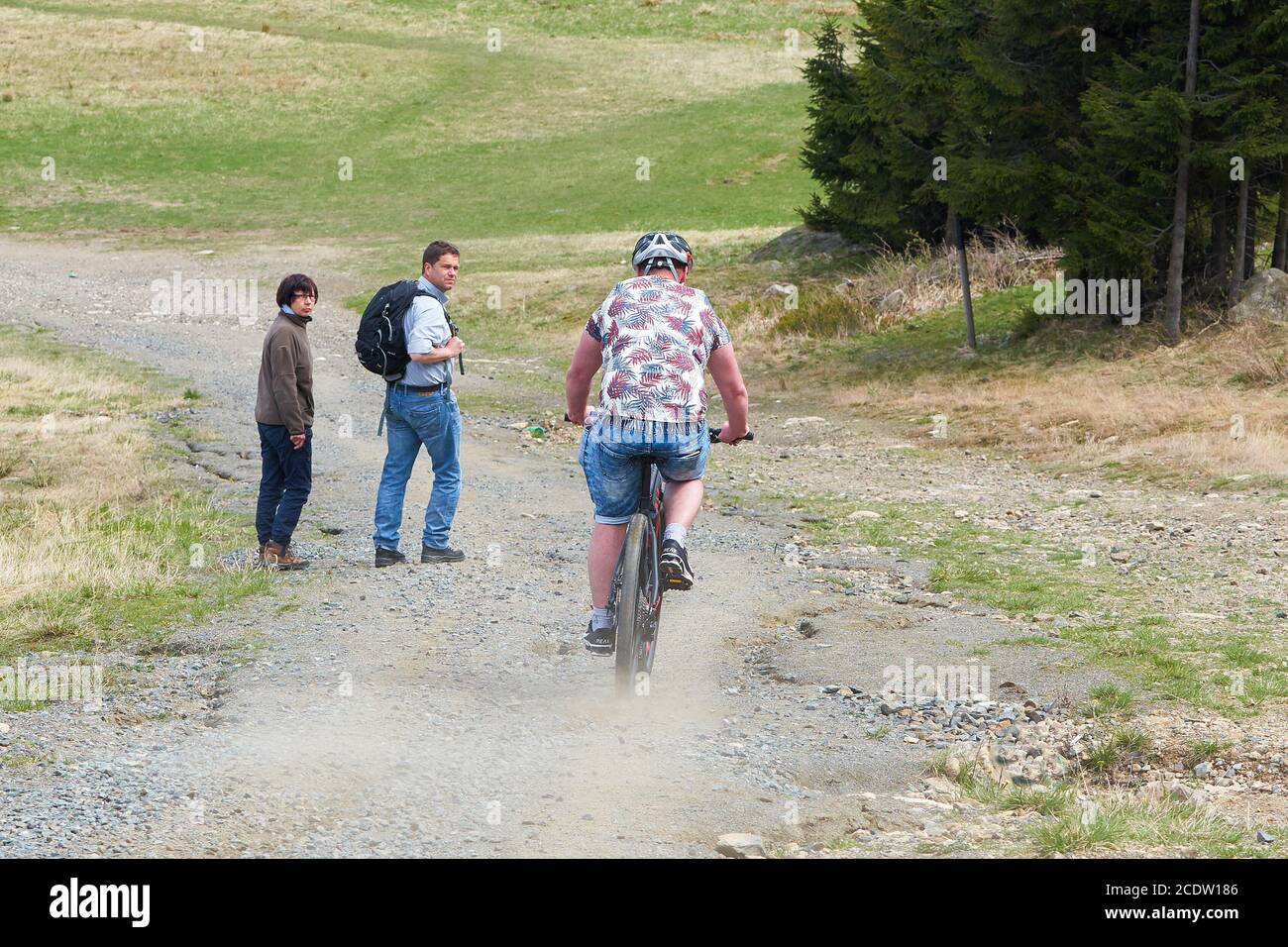 Conflict between a mountain biker and hikers on a hiking trail at Wurmberg in the Harz National Park Stock Photo
