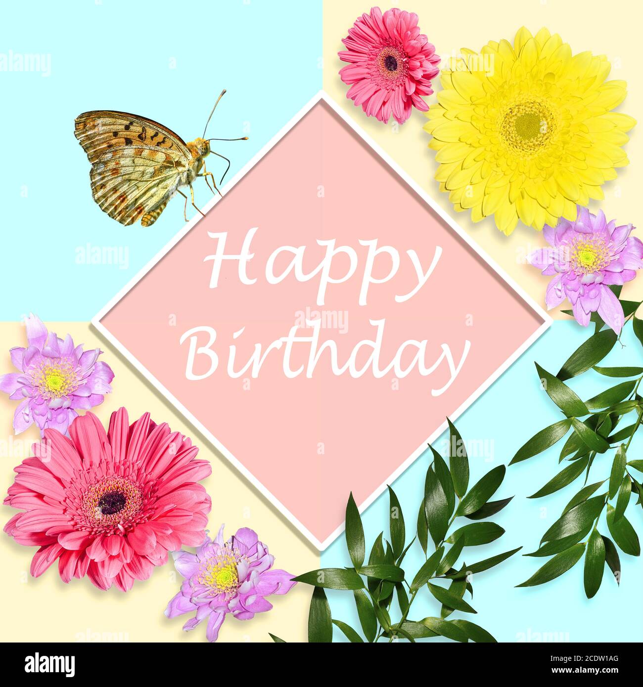 Happy birthday bright greeting card concept with flowers and butterfly ...