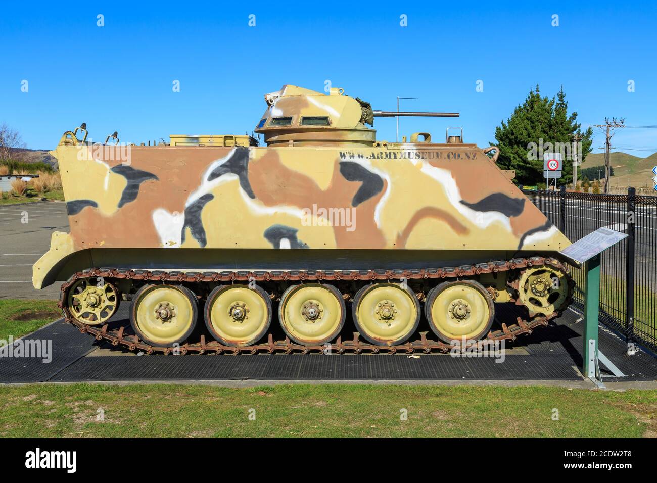 An American M113 armored personnel carrier with desert camouflage paintwork on display at the National Army Museum, Waiouru, New Zealand. Stock Photo