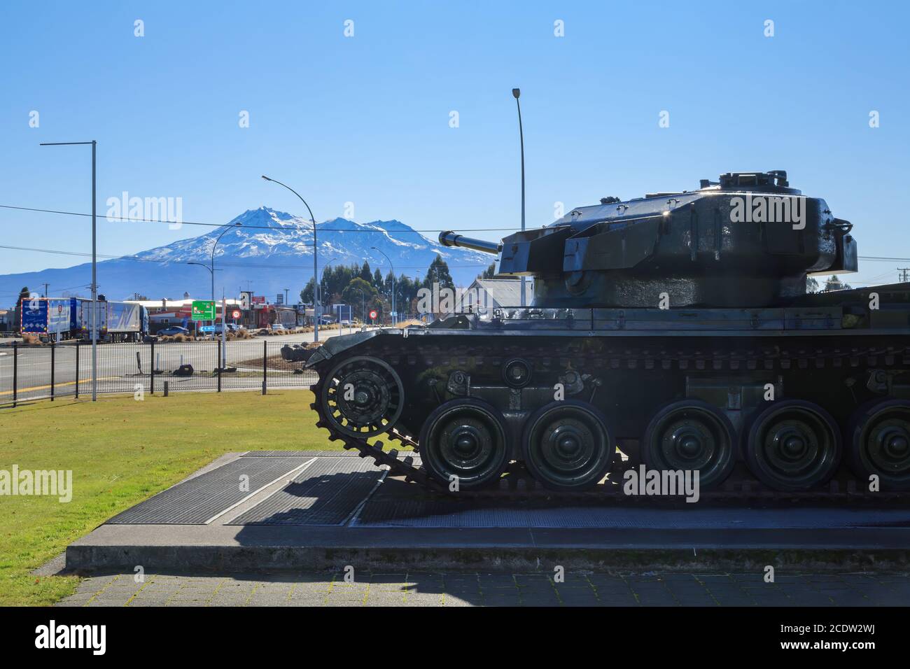 A British Centurion tank on display at the National Army Museum, Waiouru, New Zealand. In the background is Mount Ruapehu Stock Photo