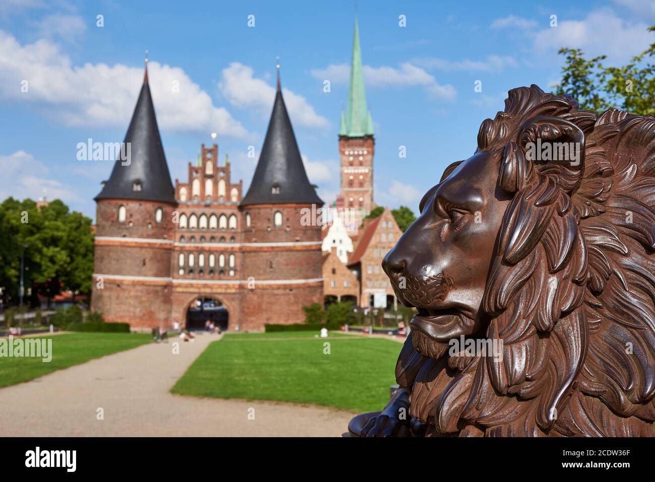 Lion Statue at Holsten Gate, Lübeck, Germany Stock Photo