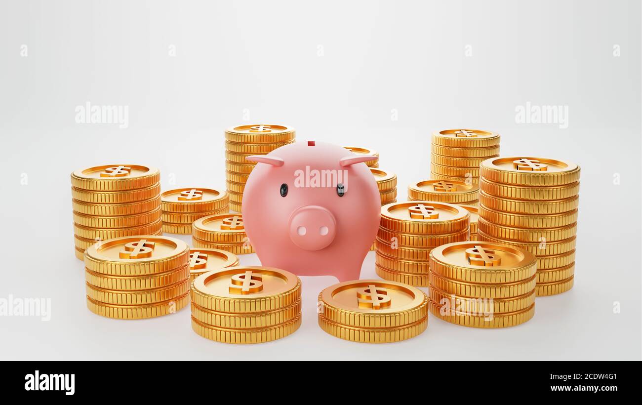 Piggy bank with gold coin on isolated white background. Money saving ...