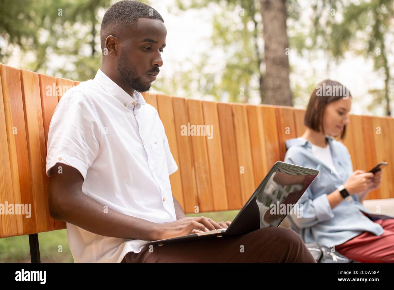 Serious guy of African ethnicity in casualwear networking on bench in park Stock Photo