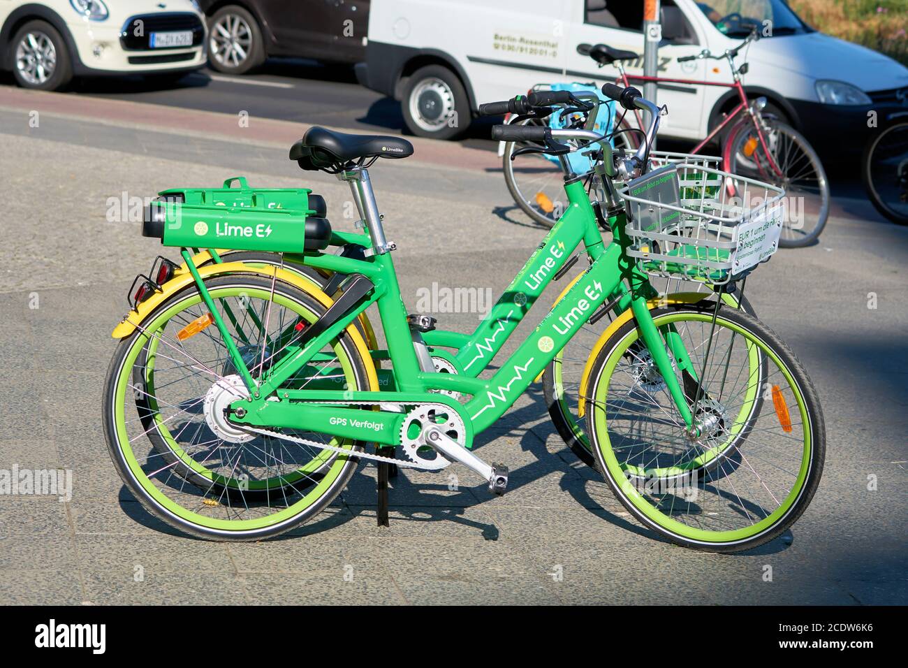 Rental bikes of the company LimeBike from California in the city center of Berlin Stock Photo