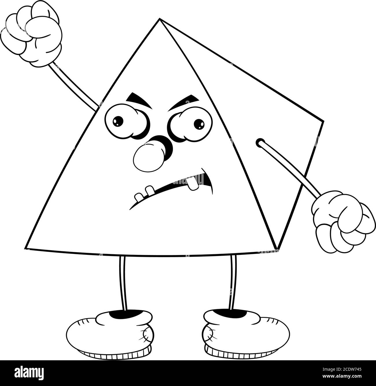 Funny cartoon pyramid with eyes, arms and legs in shoes is angry and shows a fist. Black and white coloring. Stock Vector