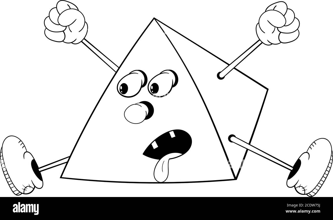 Funny cartoon pyramid with eyes, arms and legs in the shoes screaming and jumping stuck his tongue. Black and white coloring. Stock Vector