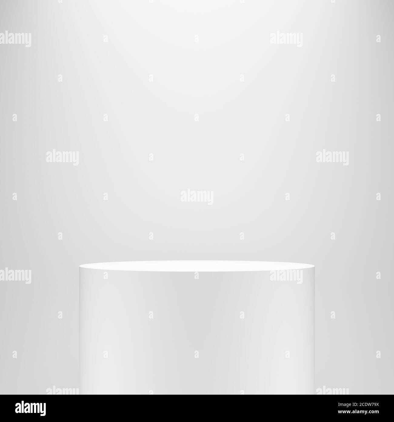 white blank empty cylinder pedestal template in front of white wall Stock Photo