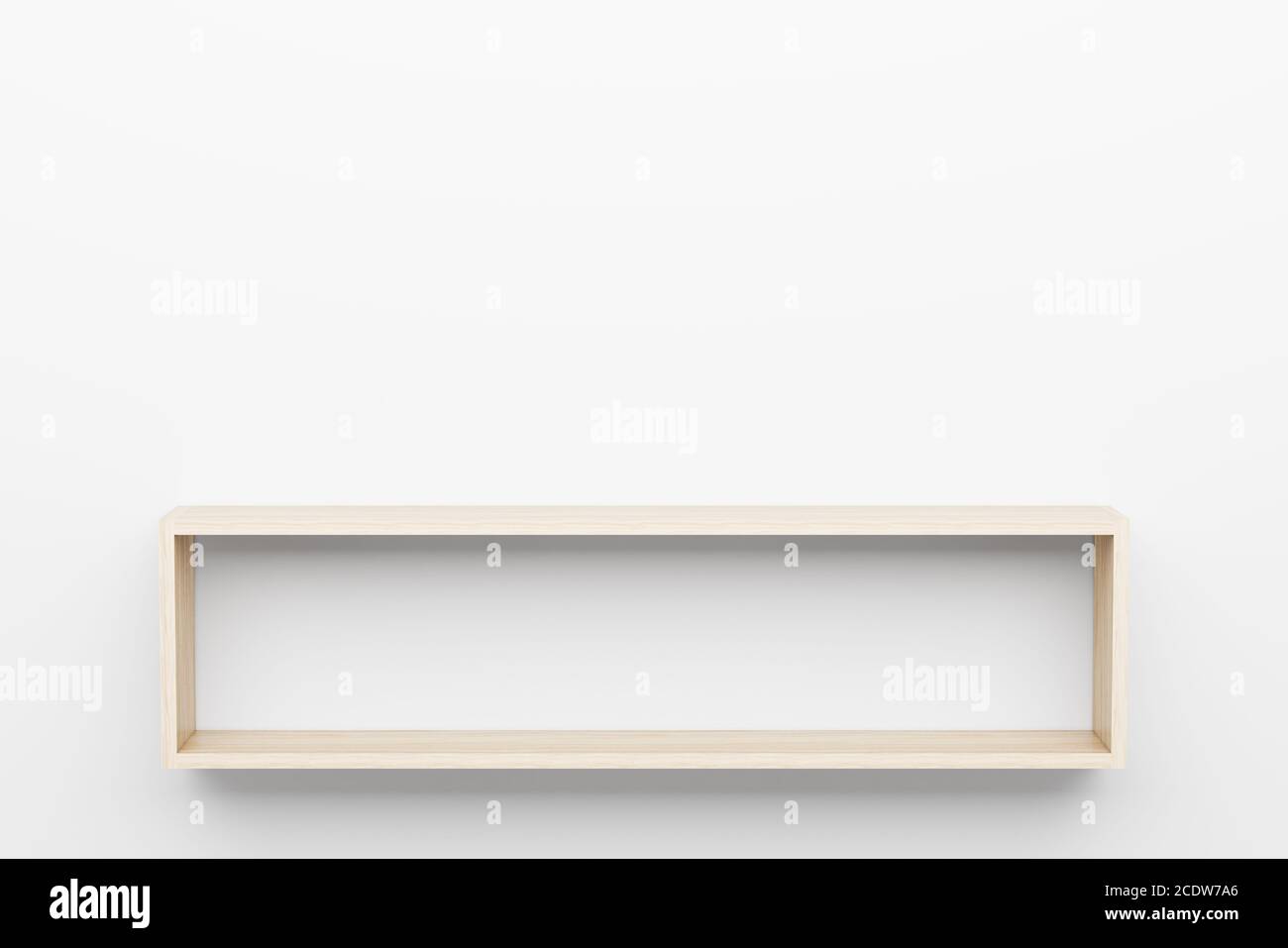 empty wooden shelves on white wall with light from the top Stock Photo ...