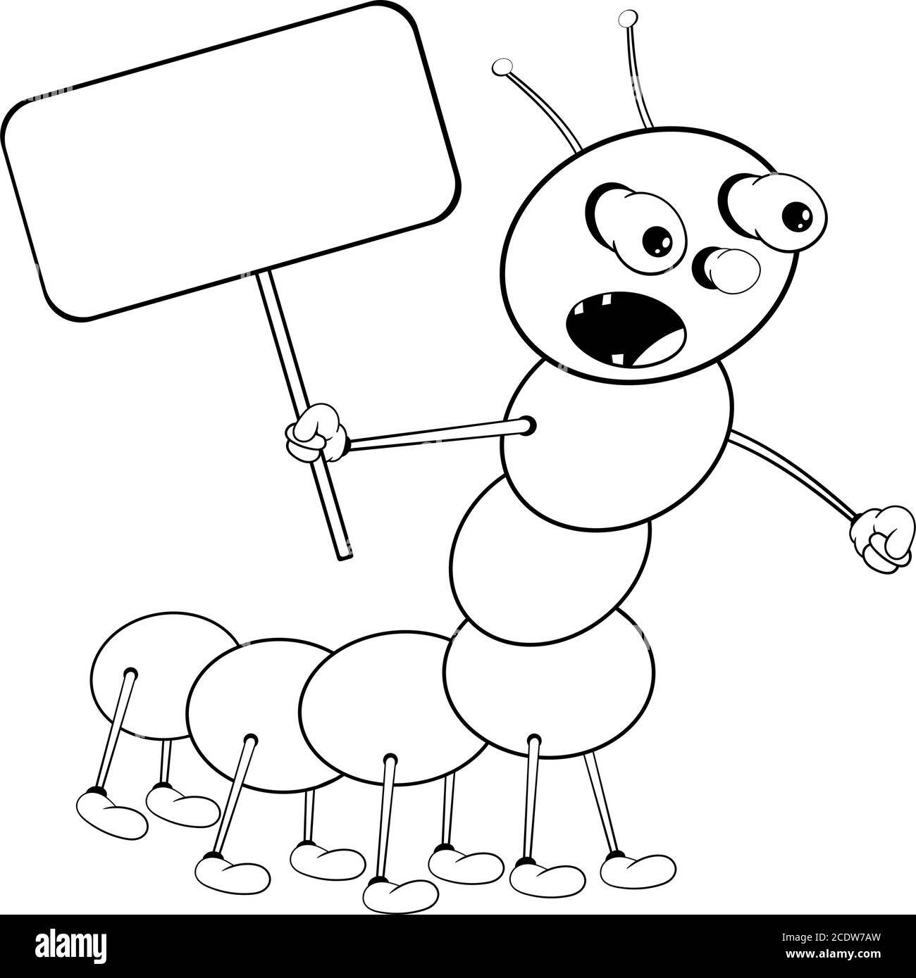 Funny cartoon caterpillar holds a rectangular tablet in his hand and shouts loudly. Black and white coloring. Stock Vector