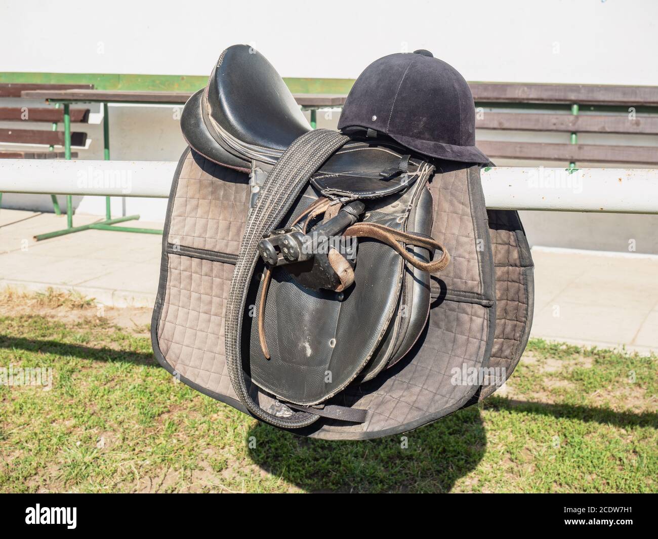Comfortable leather saddle and equestrian sport equipment and accessories. Ridding club and children ridding school Stock Photo