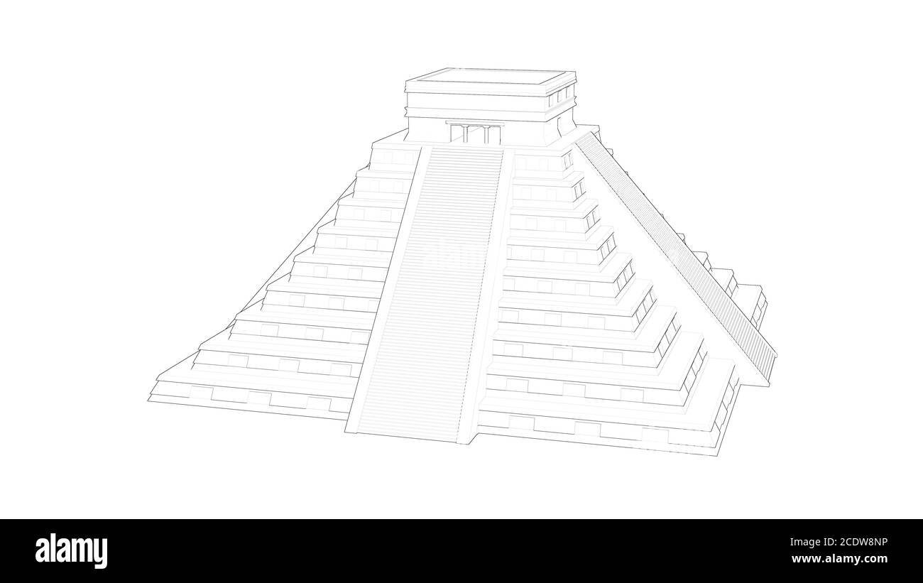 Temple of Kukulkan. Mayan pyramid. Chichen Itza. Yucatan, Mexico scketch outline 3d illustration Stock Photo