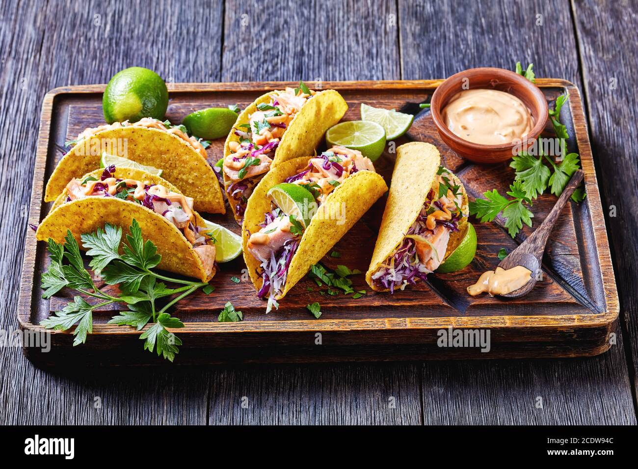 salmon tacos with shredded red cabbage salad with spicy yogurt sauce