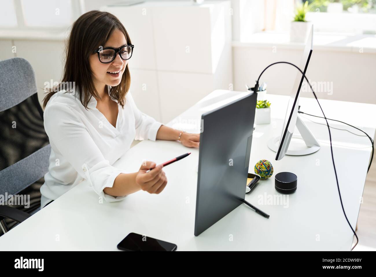Business Executive Woman Working On Corporate Computer Stock Photo