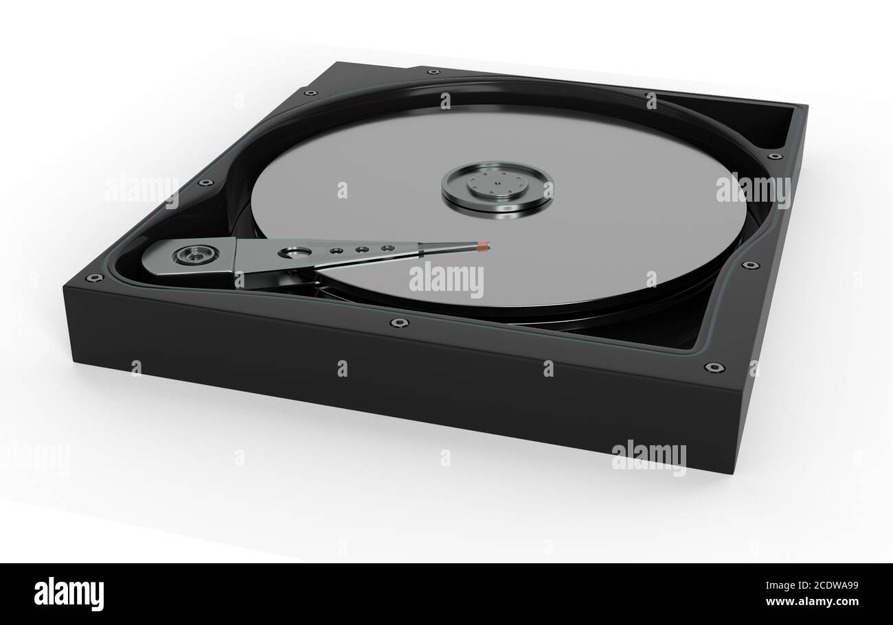 Closeup inside a hard disk drive HDD, magnetic surface and data reading mechanism 3d illustration Stock Photo