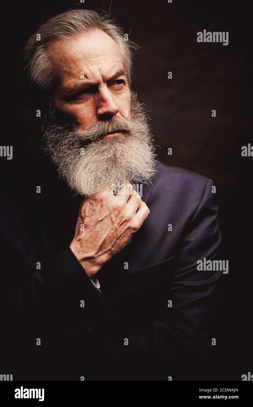 mature male model wearing suit with grey hairstyle and beard Stock Photo