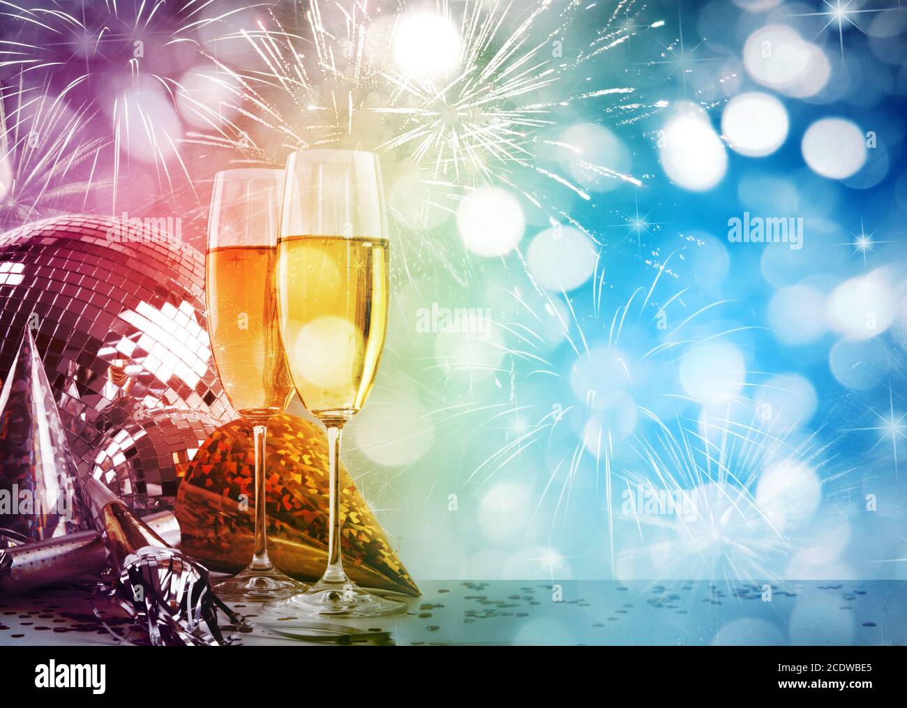 Two champagne glasses against New Year Stock Photo