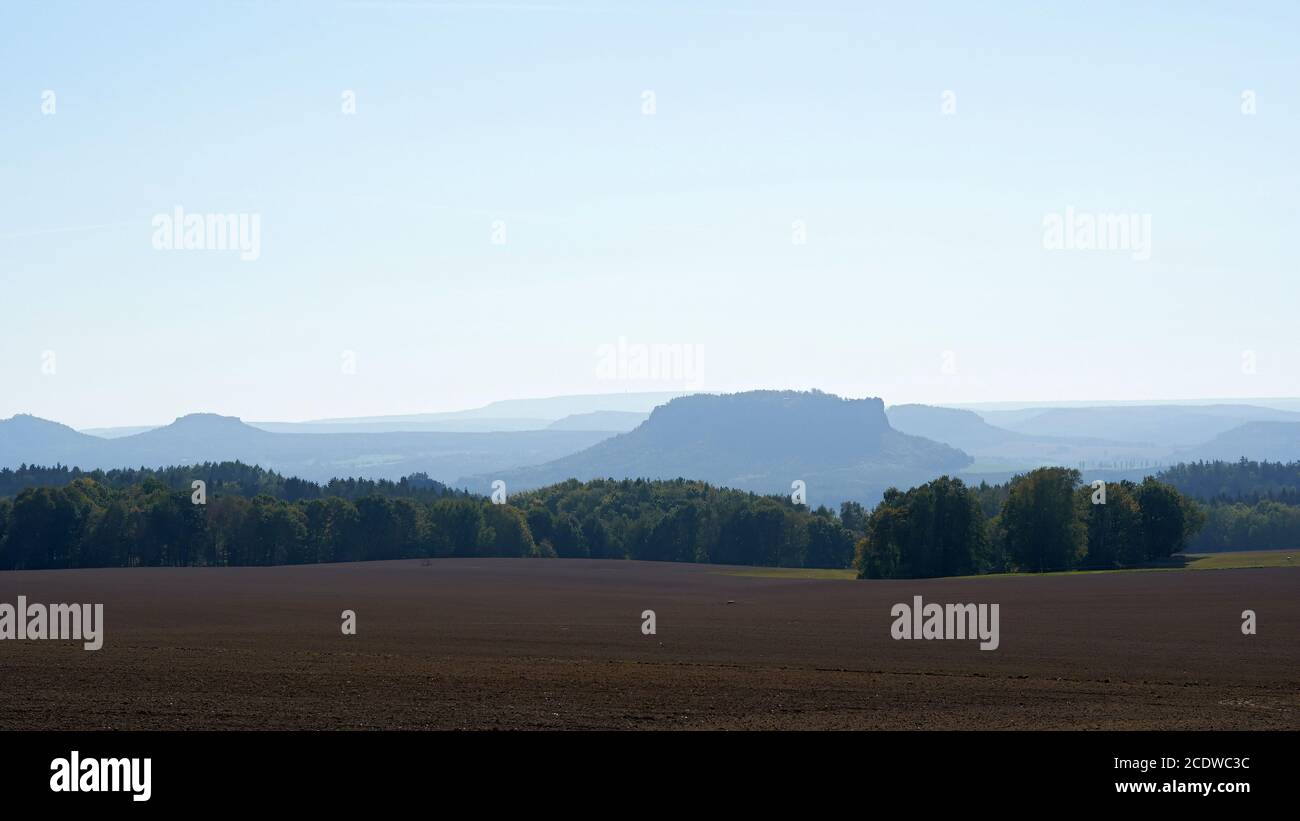 View of the romantic Elbe Sandstone Mountains with the Lilienstein Stock Photo