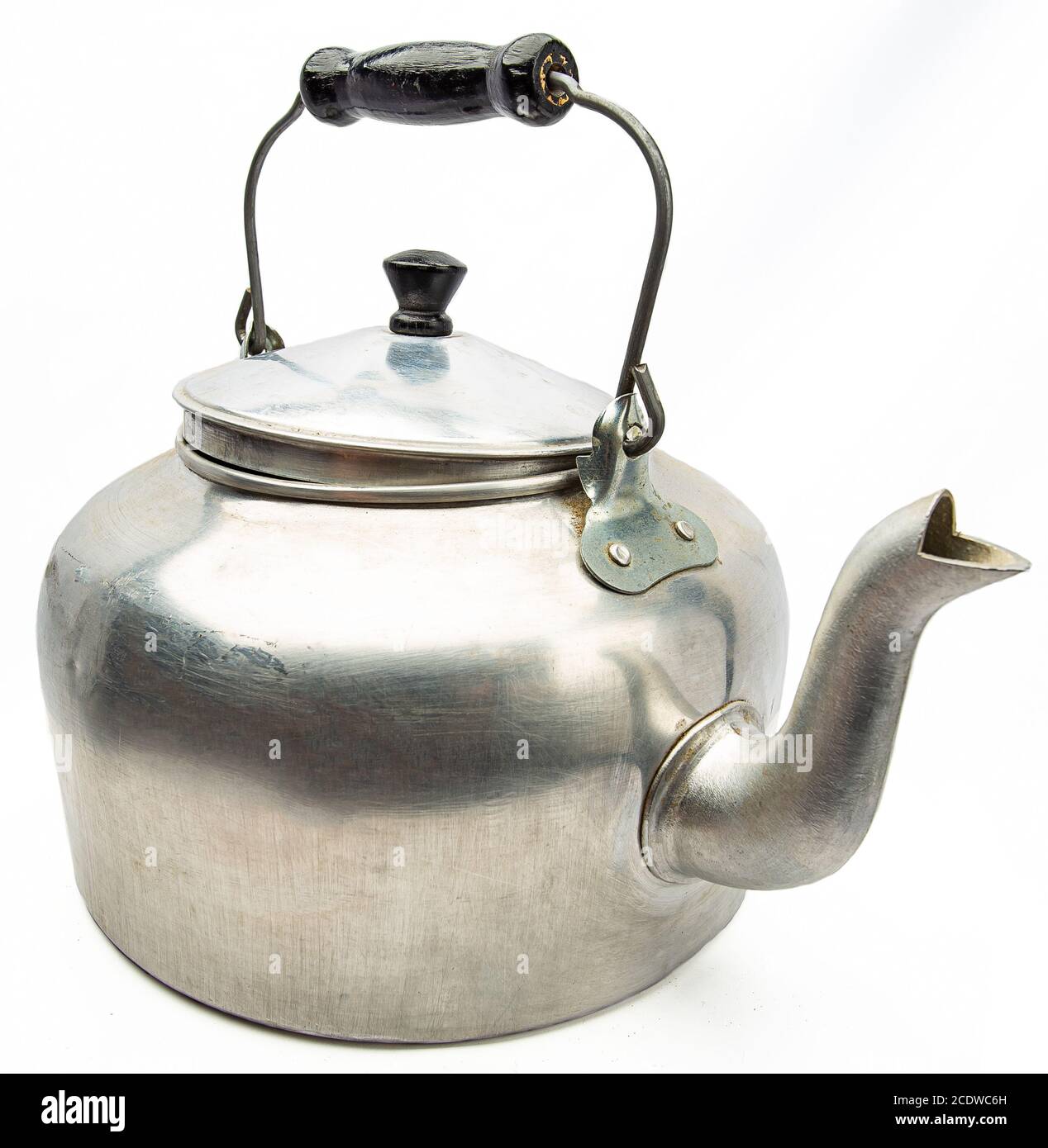 Vintage large aluminum tea pot kettle stove top isolated Stock