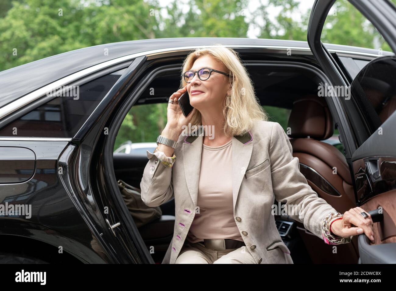 Mature pretty blond businesswoman in elegant suit consulting one of clients Stock Photo
