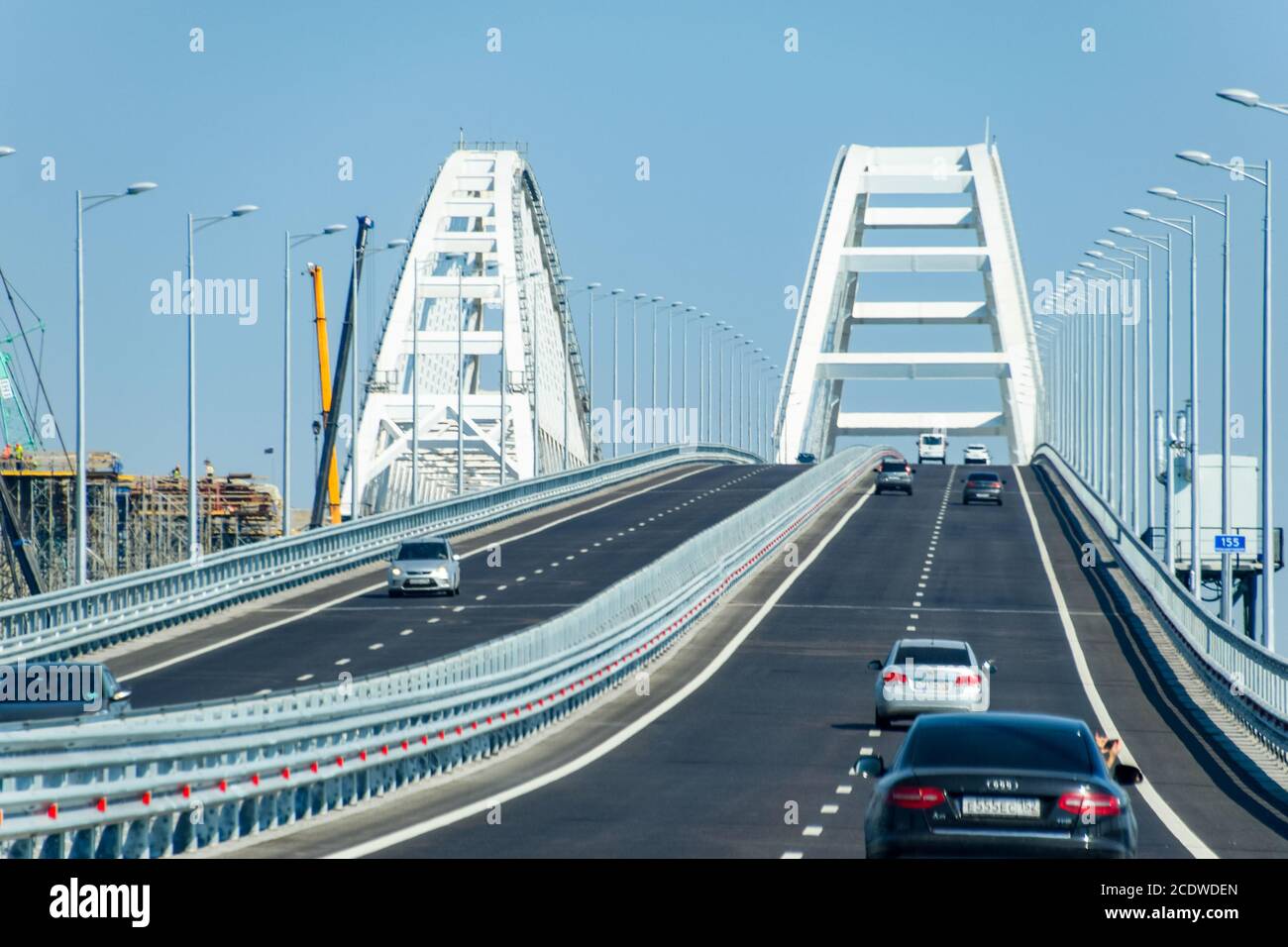 Driving along the Crimean bridge. A grandiose building of the 21st century. The new bridge. Stock Photo