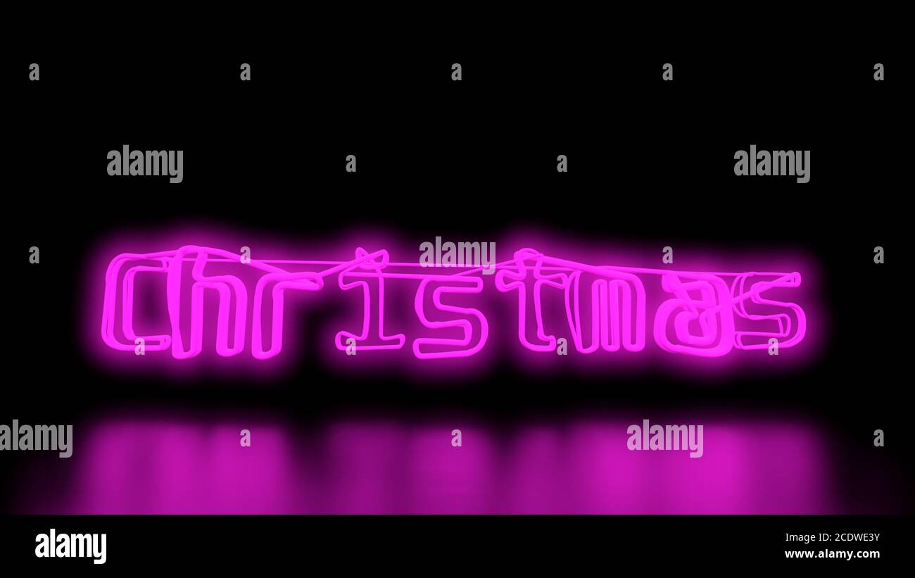 Christmas Sci-Fi Purple Pink Neon Lights lettering word On Black Background wall and Reflective floor With Empty Space For Text Stock Photo