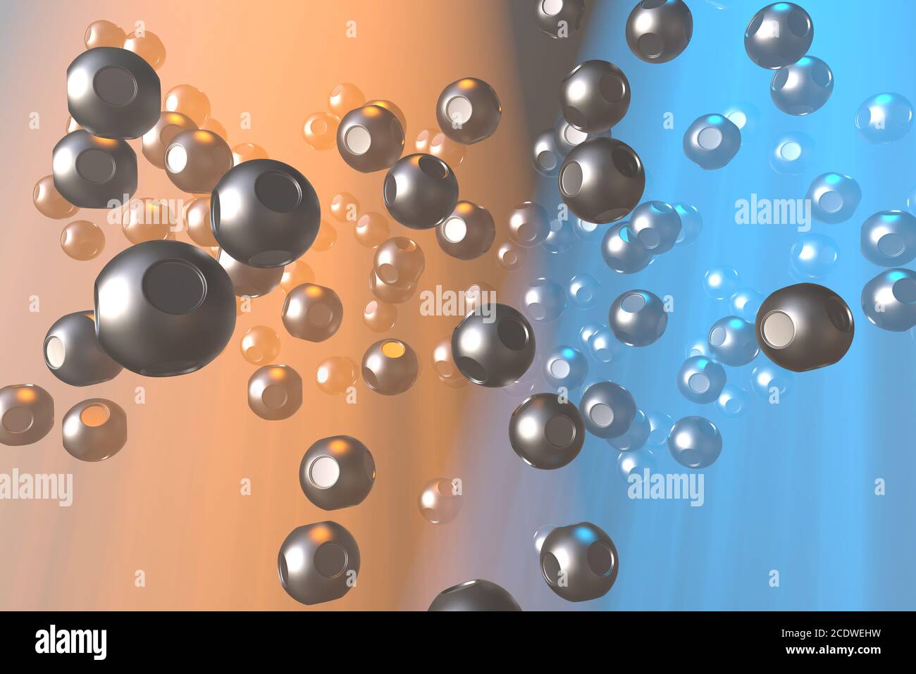 Abstract steel metal spheres flying in the space 3d rendering