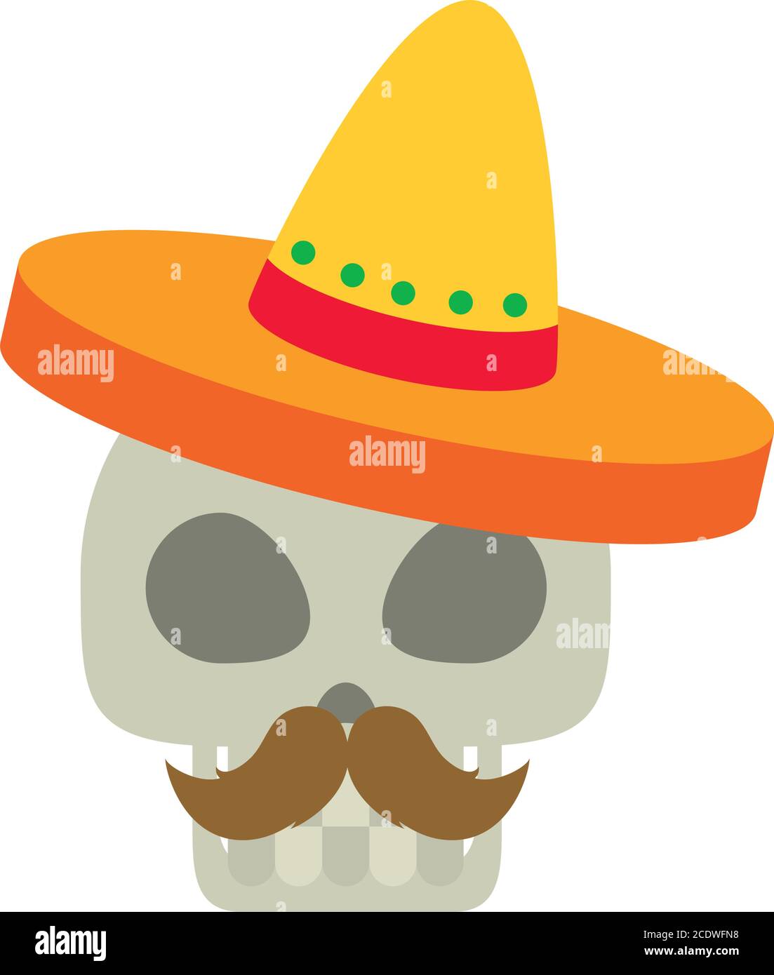 mexican skull with mustache and hat over white background, flat style ...