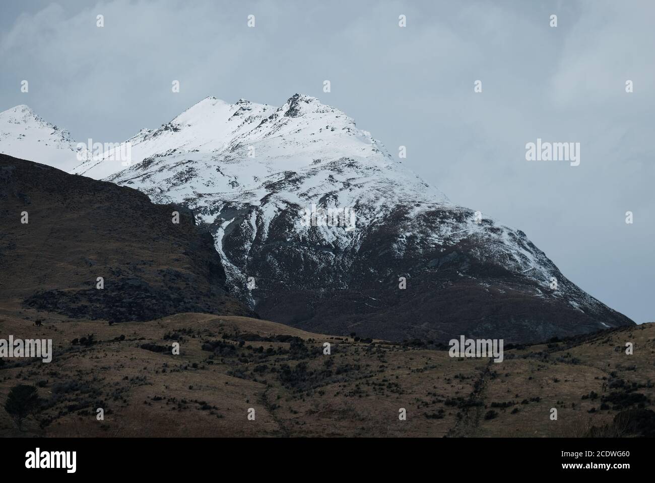 Snowy winter mountain at Glenorchy Stock Photo