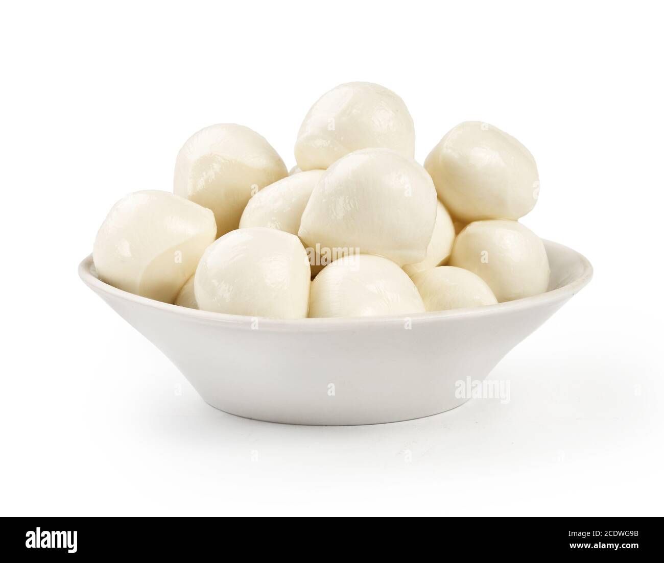 Mozzarella balls in white bowl isolated on white background. Stock Photo