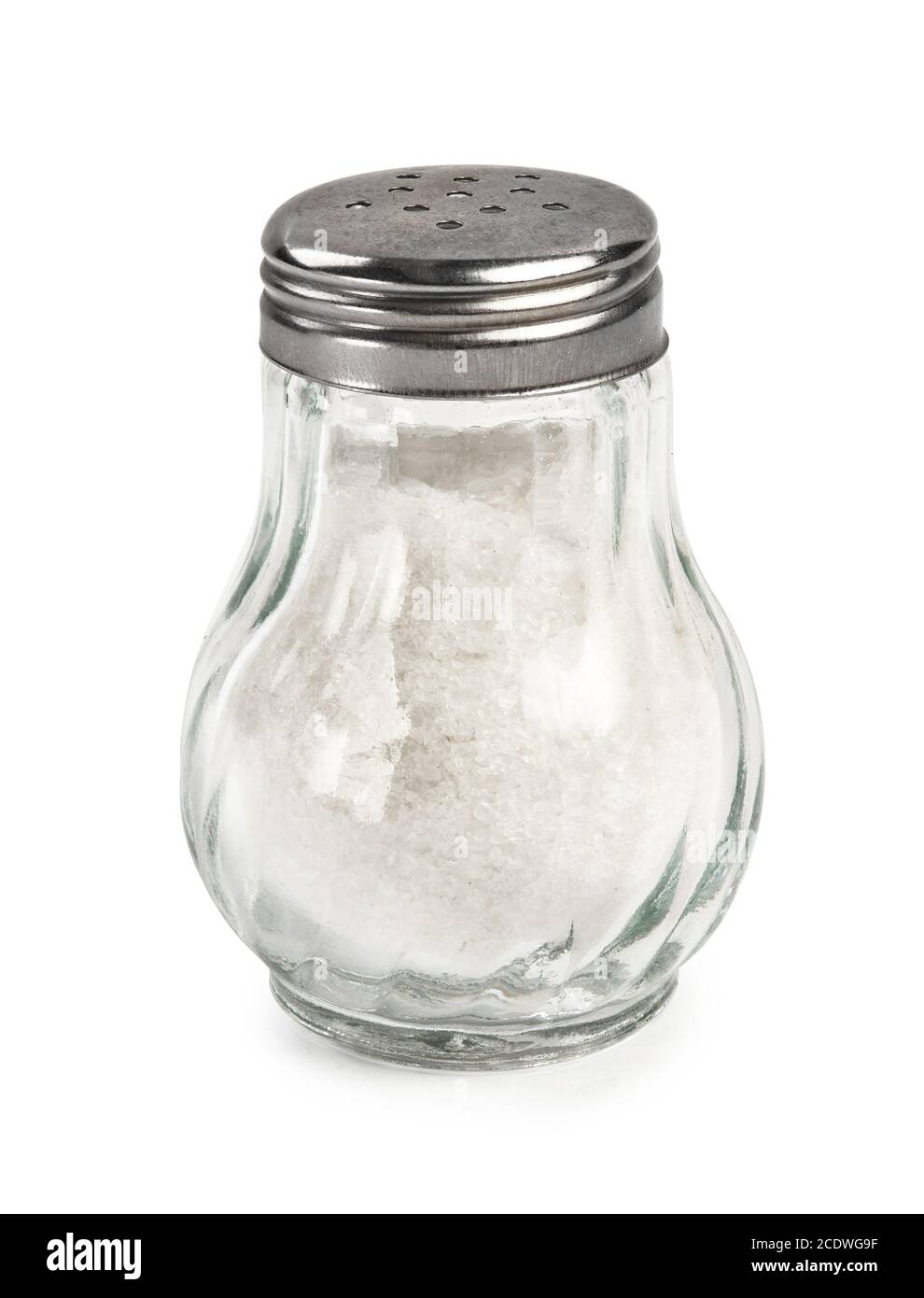 Salt shaker isolated on white background. Salt in glass bottle. Stock Photo